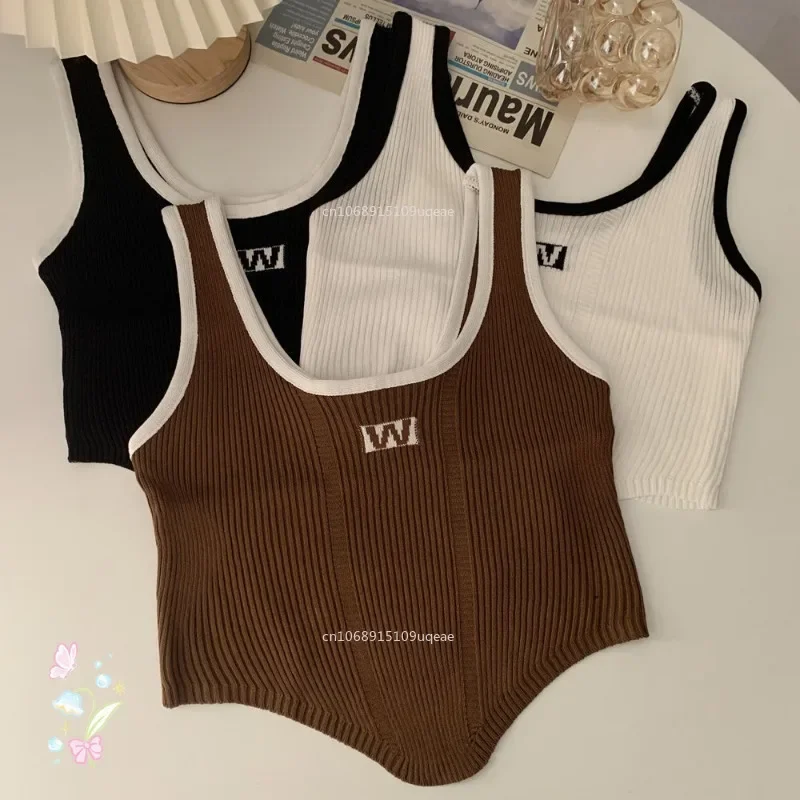 Irregular Casual Colored Spicy Girl U-Neck Sexy Tank Top Letter Embroidered Knitted Small Suspender Shirt Camisoles for Women