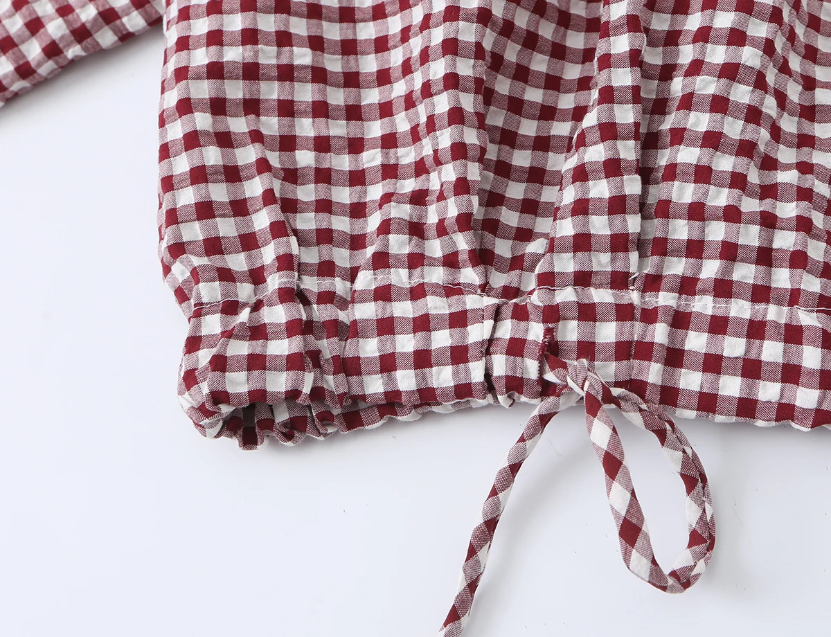 BSAY New Ladies Cropped Gingham Plaid Outerwear Stand Collar Long Puff Sleeve Button Up Drawstring Hem Casual Loose Check Jacket