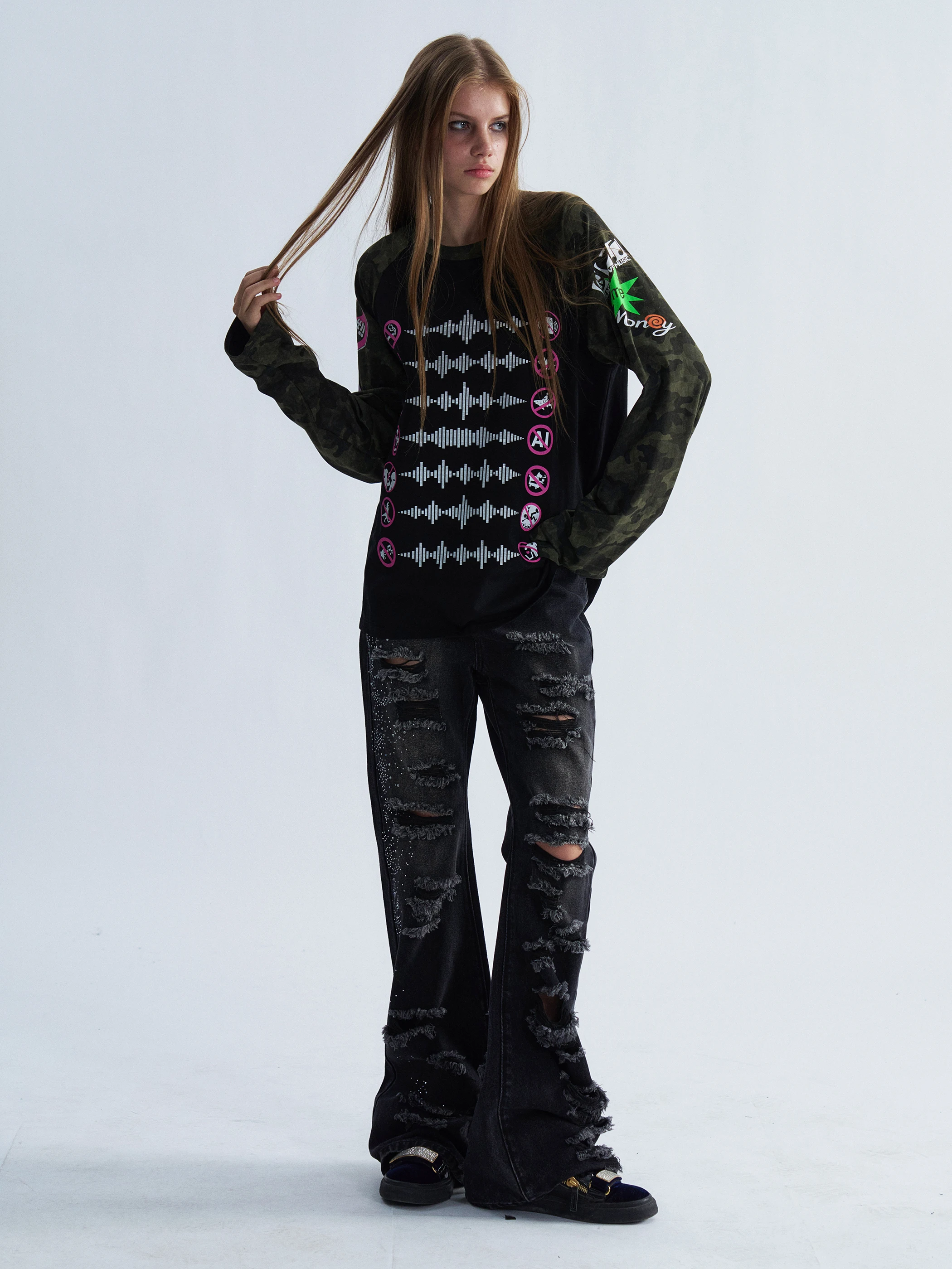 Camiseta Casual de Manga Longa PAIKI Camuflada com Estampa de Ondas Sonoras, Estilo Rock de Subcultura de Rua, Gola Redonda, ...