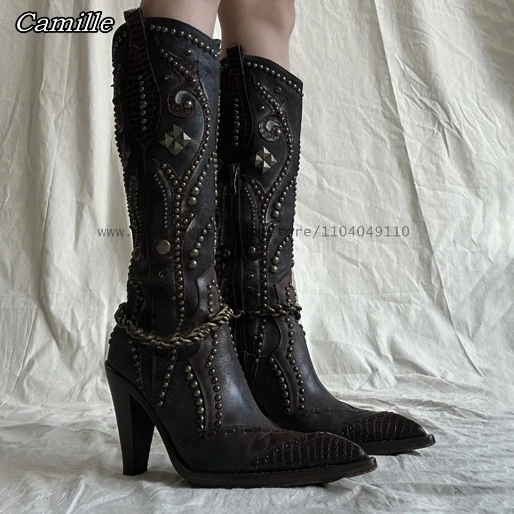 

Retro Metal Rivet Ethnic Embroidery Chunky Heel Boots Metal Chain Vintage Elegant High Heel Boots Ponted Toe Side Zip Lady Boots