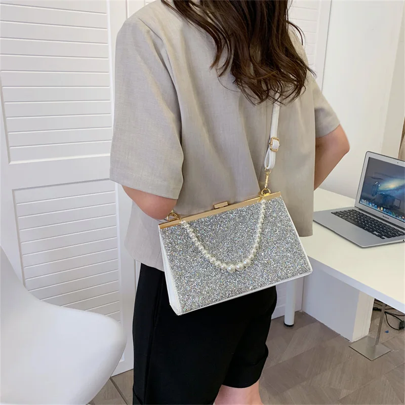 Elegant Women Wedding Evening Clutch With Pearl Glitter Handbags Luxury Designer Lady White Pink Crossbody Bags Messenger Bags