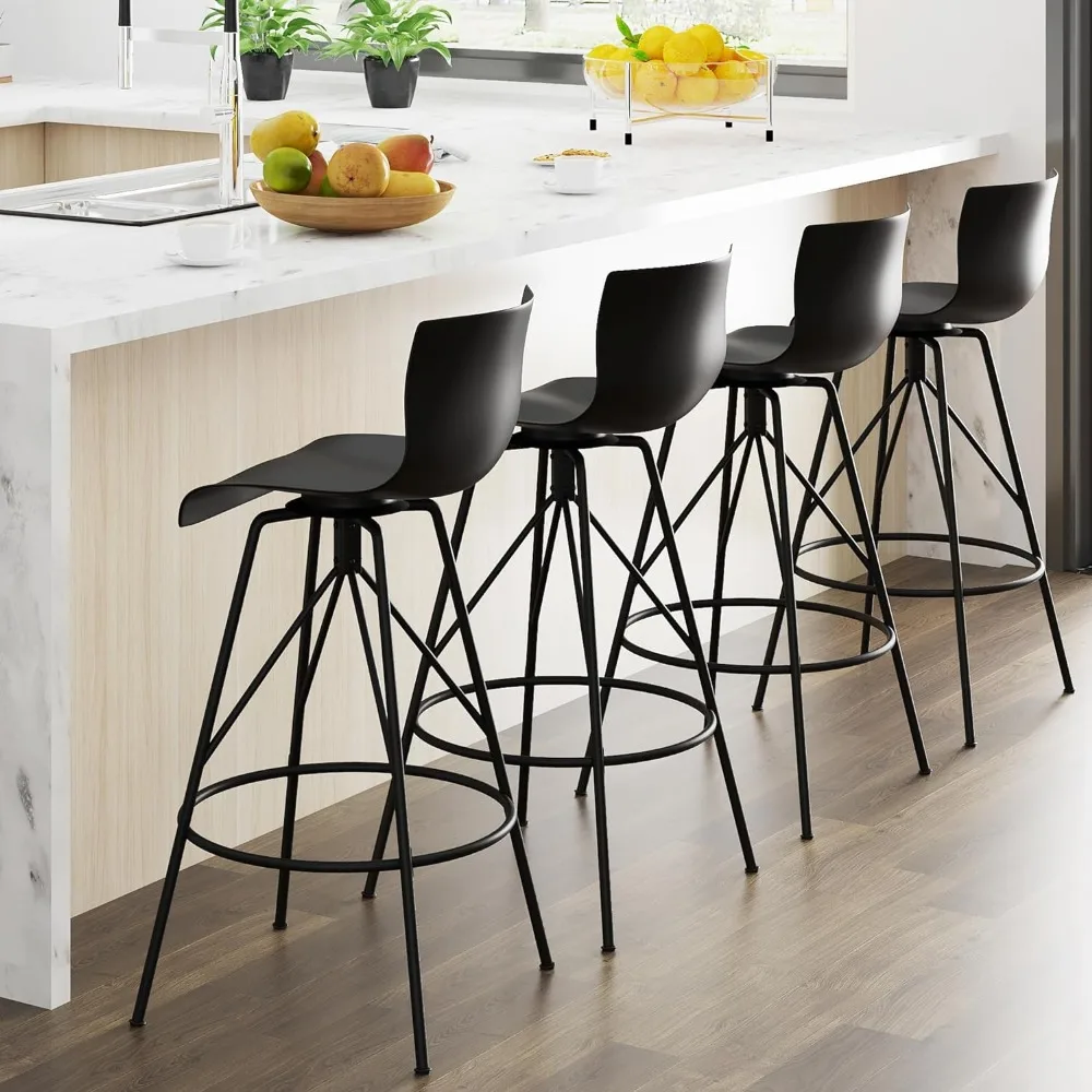 

Swivel Bar Stools Set of 4 Modern Black Barstools with Backs Kitchen Counter Height Bar Chairs Plastic Seat Metal Legs