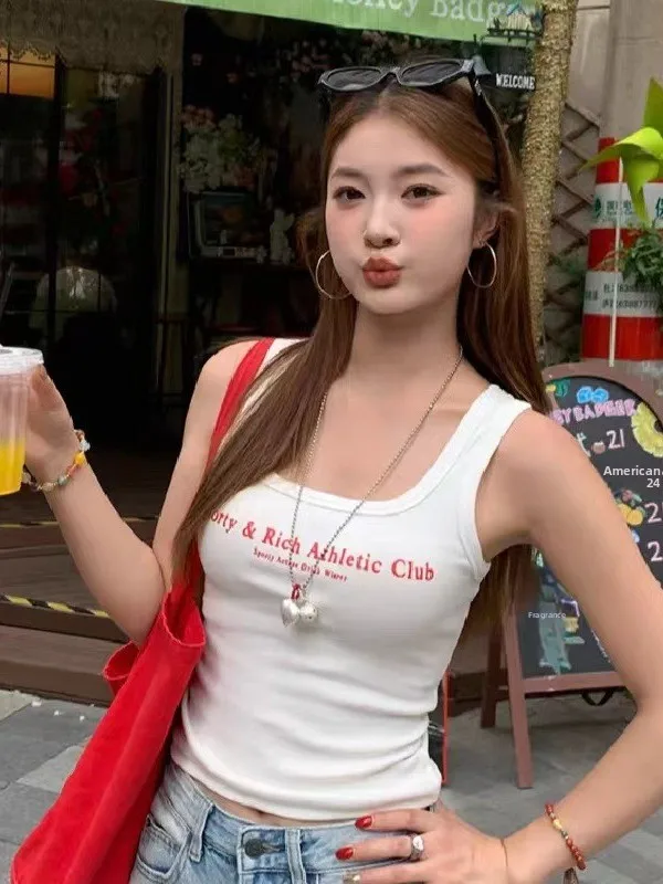 American Letter Print Camisole Tank Top Women Summer Spicy Style Slim Fit Short Sleeveless Shirt with Chest Pad Versatile