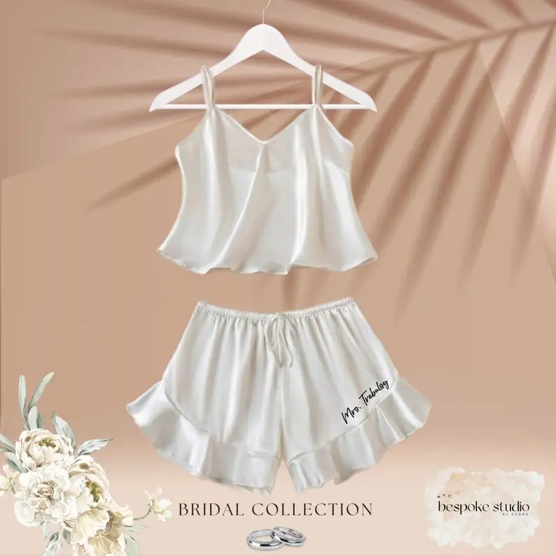 

Personalized Bride Ruffle Satin Pajamas Wedding Pjs Custom Bridesmaid Pajamas Camisole Bachelorette Party Pjs Bridal Party Gift