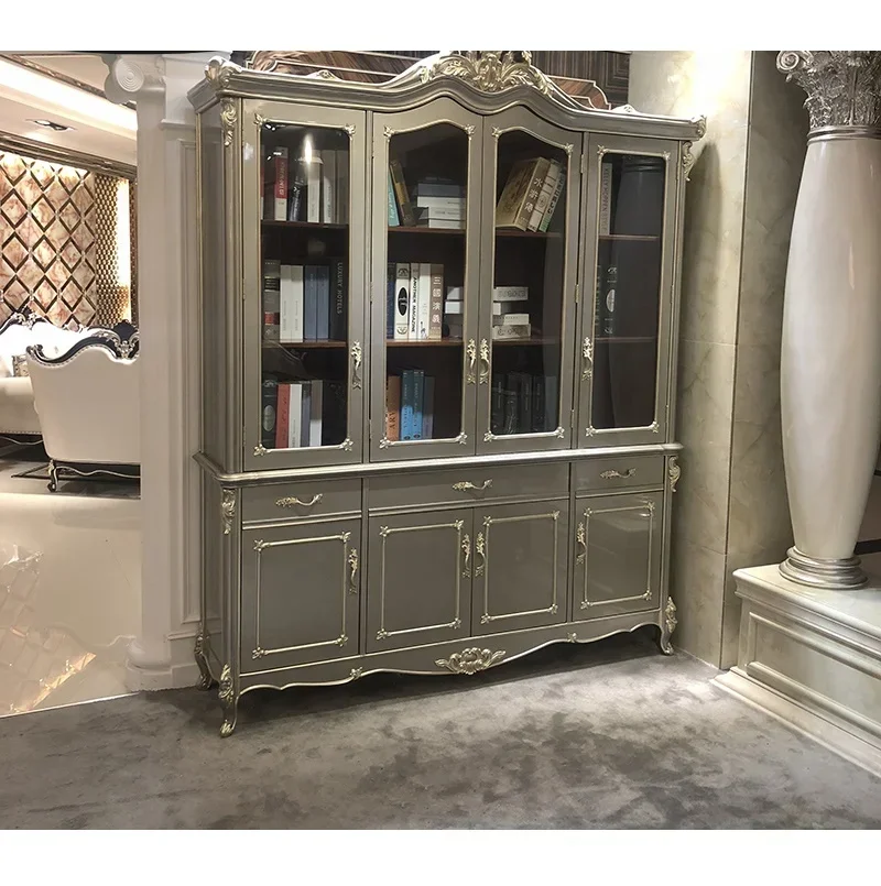 European bookcase solid wood carved storage desk bookcase furniture set study combination