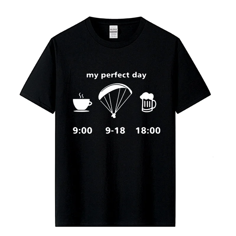 My Perfect Day Evolution Of Paragliding Drink Tea&Beer Funny Print T Shirts Men\'s Clothing Brand Cotton Short Sleeve T-Shirt