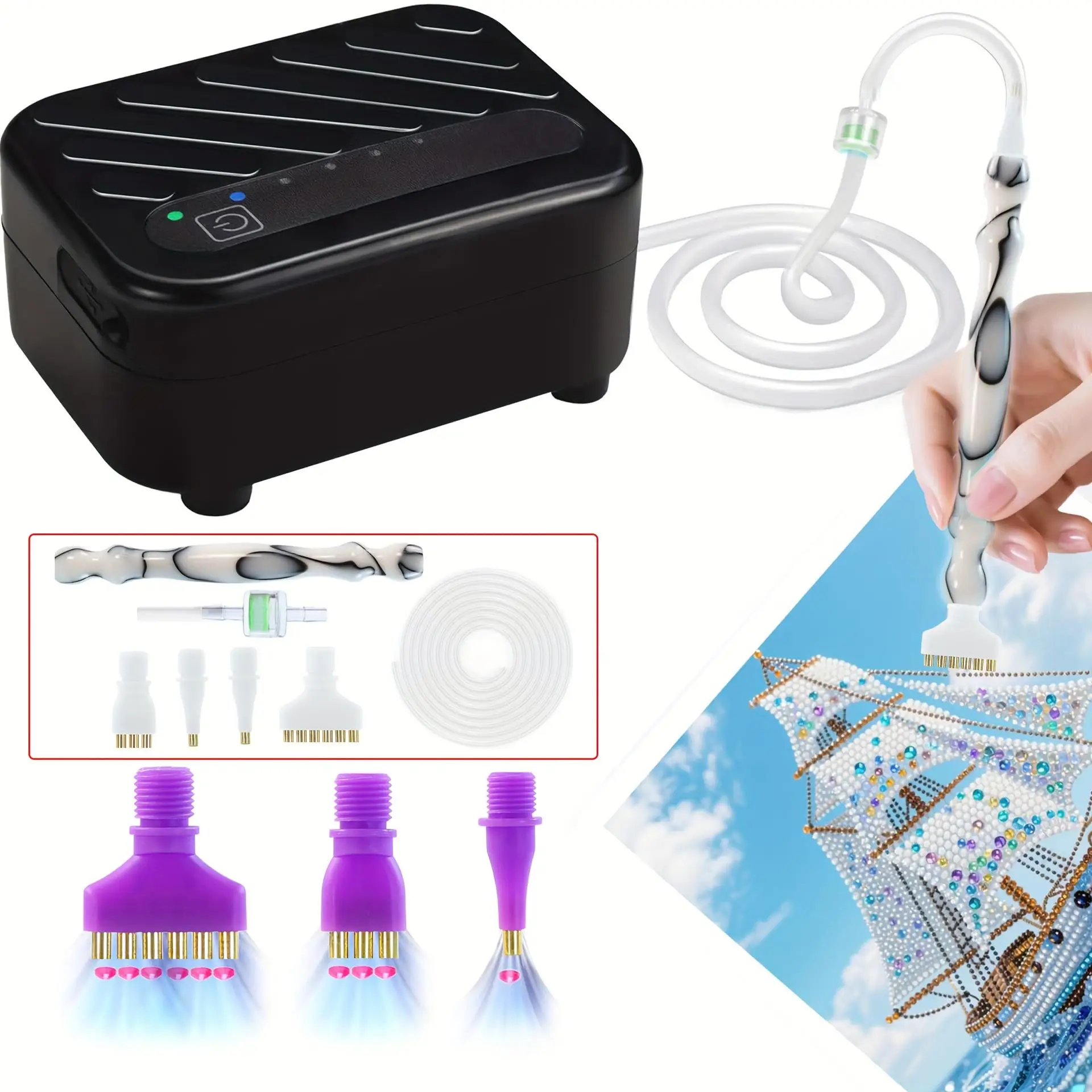 7-Piece Vacuum Diamond Pen Replacement Set - 1 Replacement Diamond Pen with Filter and Silicone Hose and 4 Multi-Head Attachments (1/1/3/6 Heads) - Compatible with Most Vacuum Pens - Diamond Art Accessories view 3
