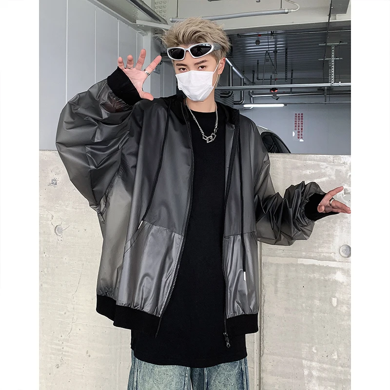 Korean Chic New Spring Transparent Hooded Jacket Men High Quality PU Casual Loose Jackets Male Streetwear Oversized Coat