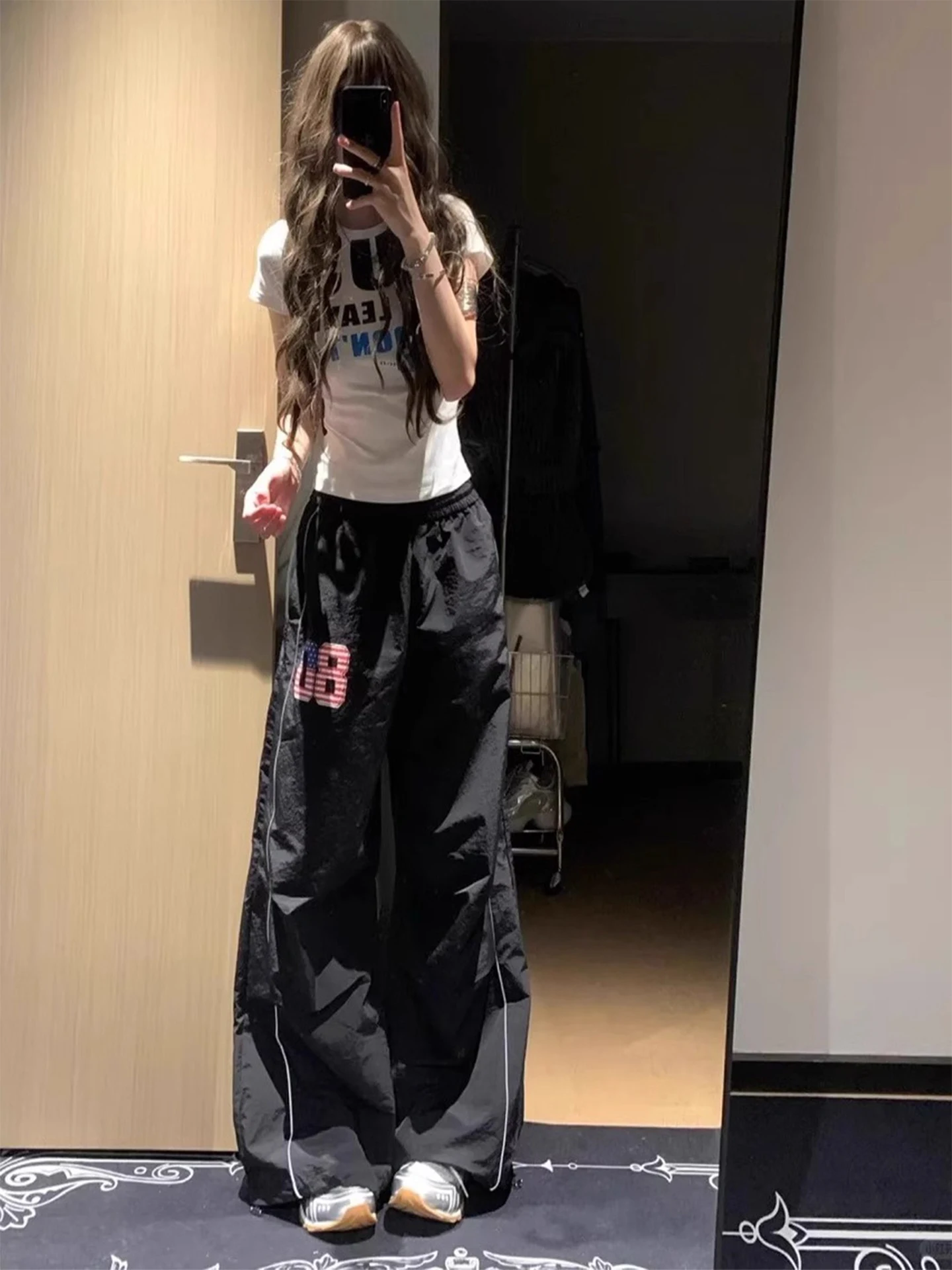 Retro American Printed Reflective Strip Casual Pants Women's Lightweight Qui Dry Sports Long Trousers High Waist Straight Leg