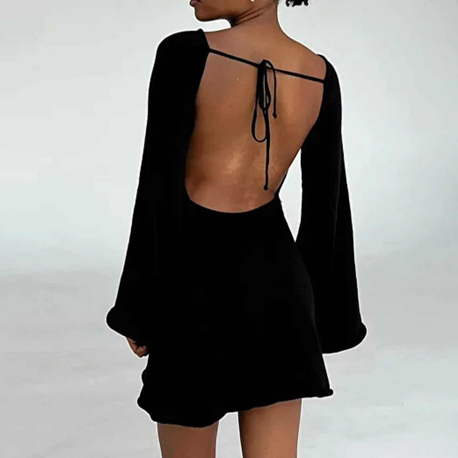 Women Fashion Knitted Mini Dress Sexy Ladies Backless Long Sleeve Mini Party Dress for Beach Cocktail Club Streetwear Dresses