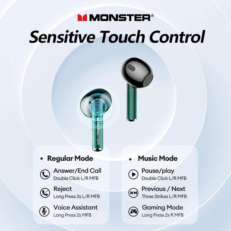 Monster XKT16 auricolari Wireless Bluetooth 5.3 cuffie da gioco HiFi Sound HD Call Music auricolari Touch Control cuffie Dual Mode