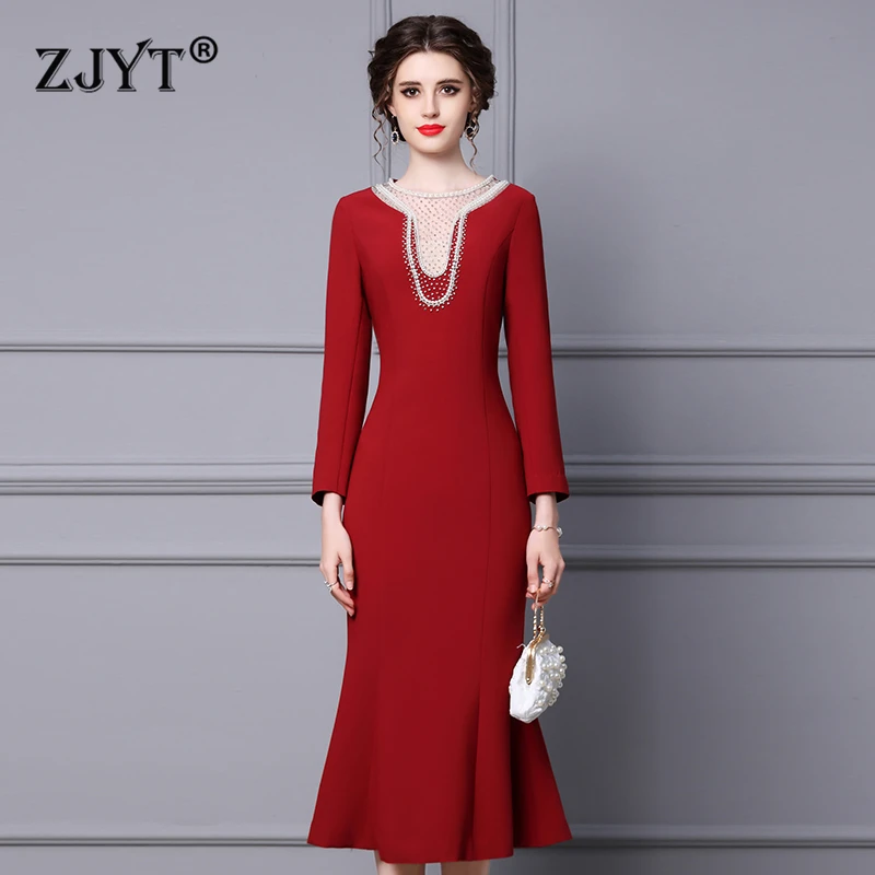 

ZJYT Elegant Luxury Beading Midi Mermaid Evening Party Dress 2024 Spring Fashion Women Long Sleeve Dress Formal Occasion Vestido