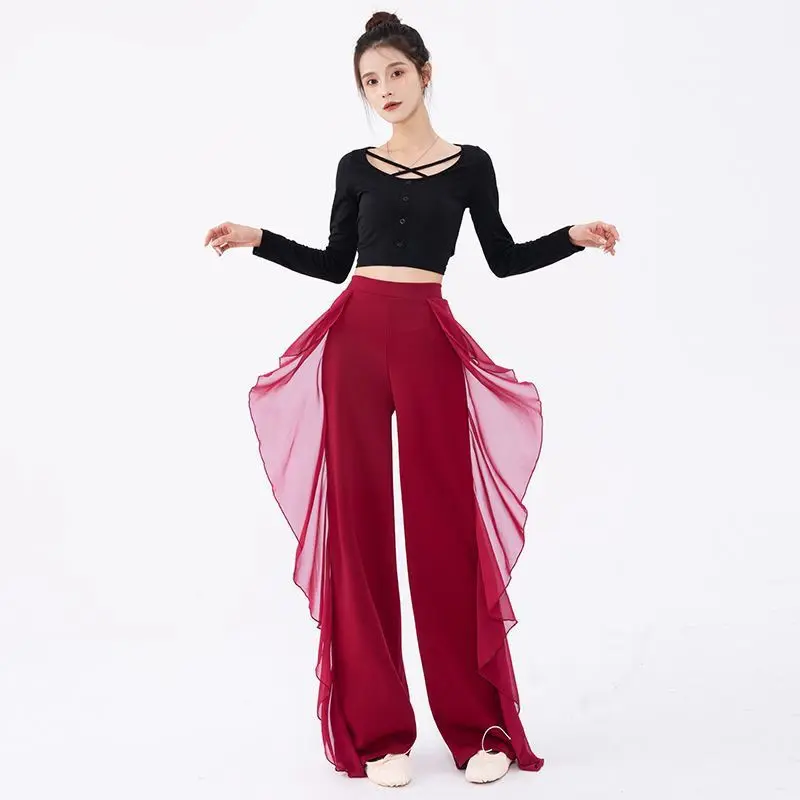 Pantalon de danse à jambes larges pour femmes, taille haute, feuille de Lotus sur le côté, sensation pendante sauvage, pantalon d'entraînement