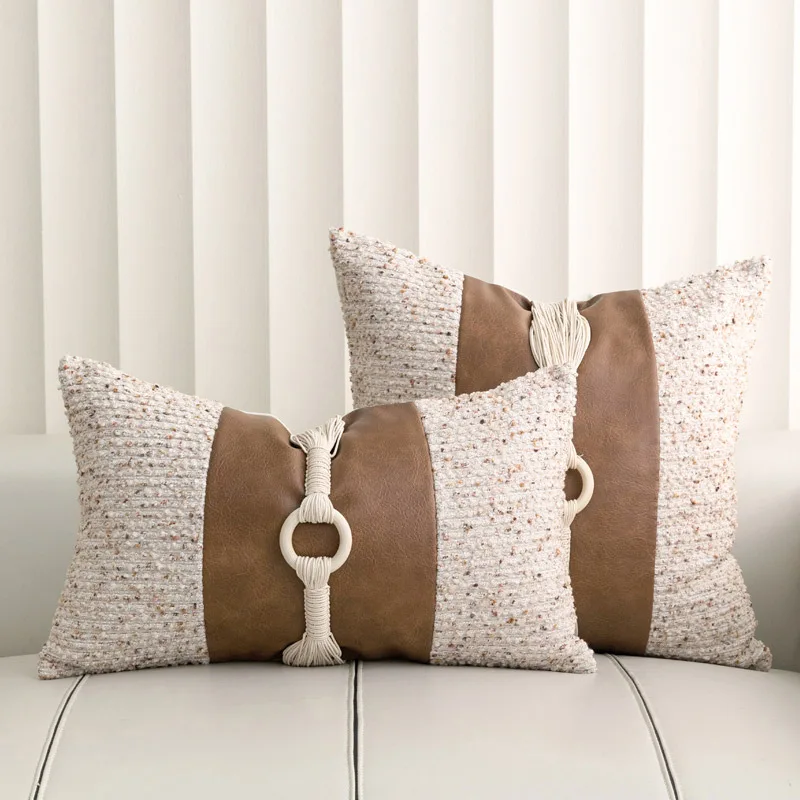 

Elegant Coffee-Tone Cotton Linen Lumbar Pillowcase with Gold Accent, Rustic Burlap Style, PU Leather Detail, Villa Sofa Decor