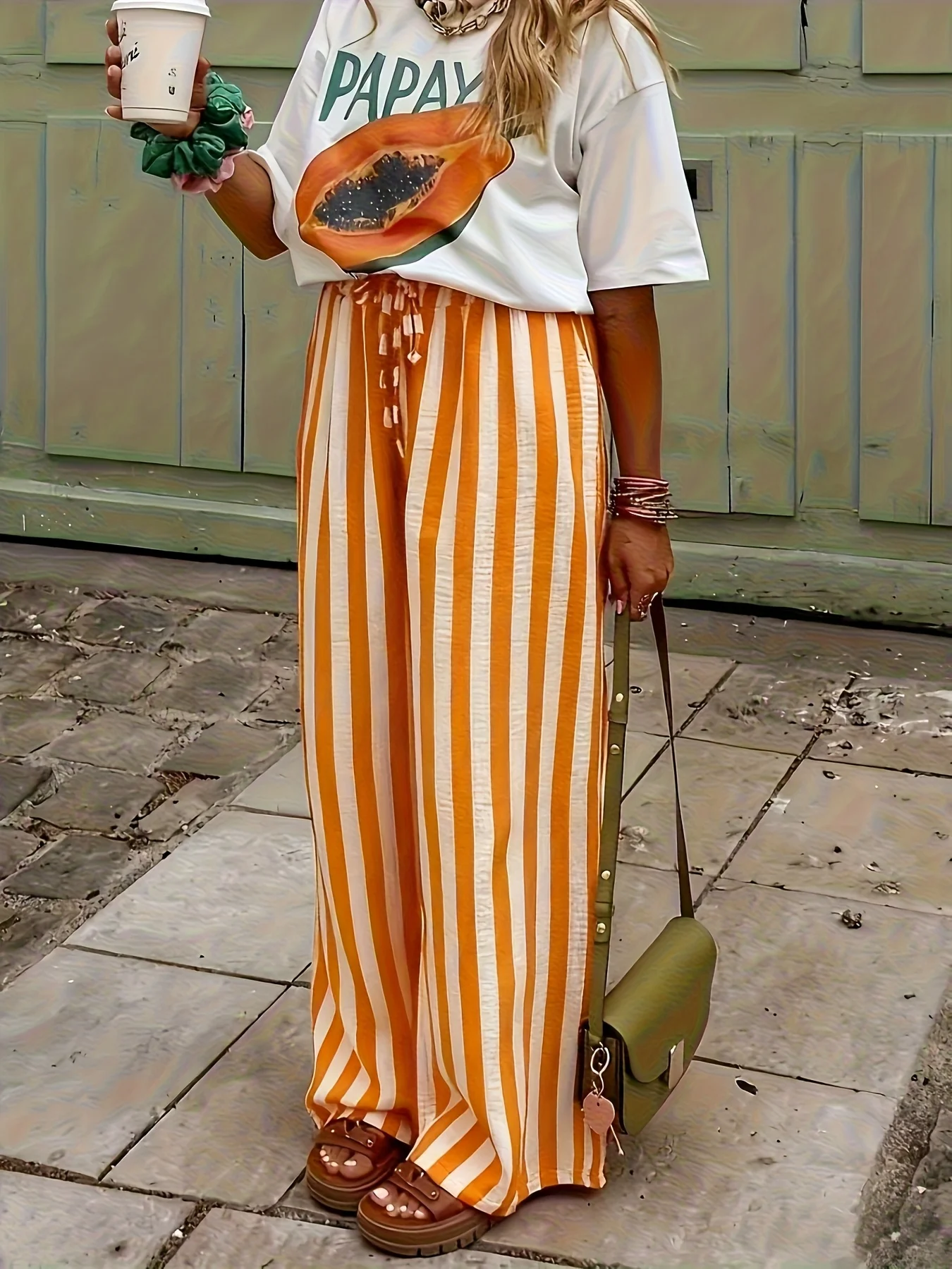 Women Loose Striped Drawstring Pants Wide Leg Trousers with Pockets Easy Summer Casual Home Wear