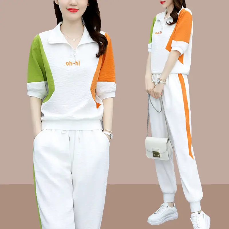 2022 Summer New Korean Comfortable Sports Suit Female Short Sleeved Tops Pants Suit Two Piece Set Women's Tracksuit