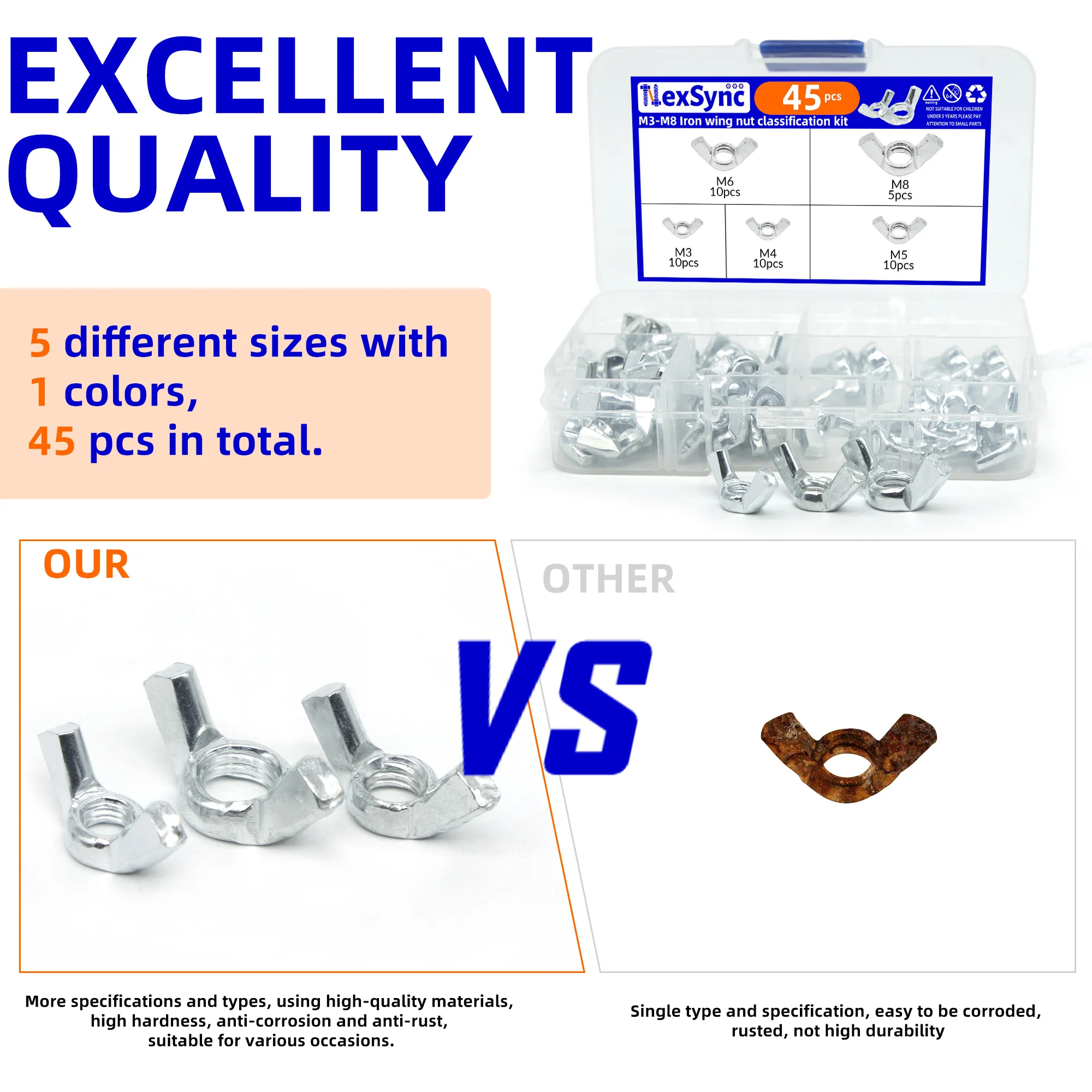 45 buah/kotak mur sayap menyesuaikan jempol kupu-kupu lug nuts pengencang Manual dari mur jempol M3 M4 M5 M6 M8 set Kit