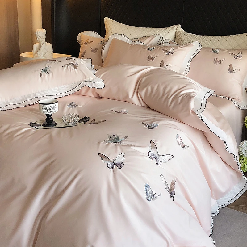 4Pcs Luxury Butterfly Embroidery Lace Ruffles 1000TC Egyptian Cotton Bedding Set Duvet Cover Bed Sheet/Fitted Sheet Pillowcases