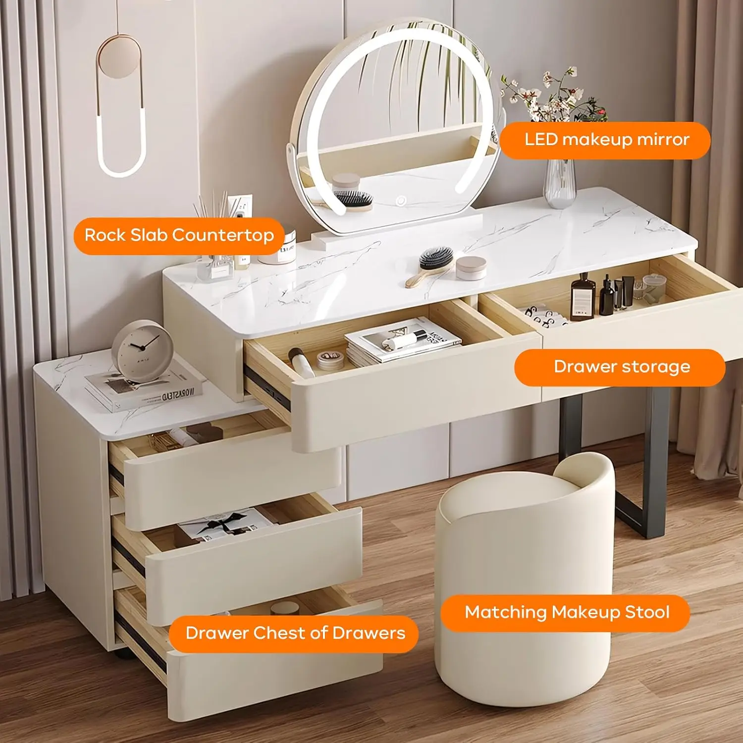 Solid Wood Vanity Desk, Modern Makeup Vanity with Drawers & Rock Slab Countertop and LED Light Mirror, Simple Dressing Table wit