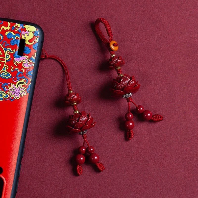 1Pcs Red Cinnabar Lotus Key Chain Organic Jewellery Carved Fashion Chinese Natural Charm Gifts Amulet Bag Buckle Pendant