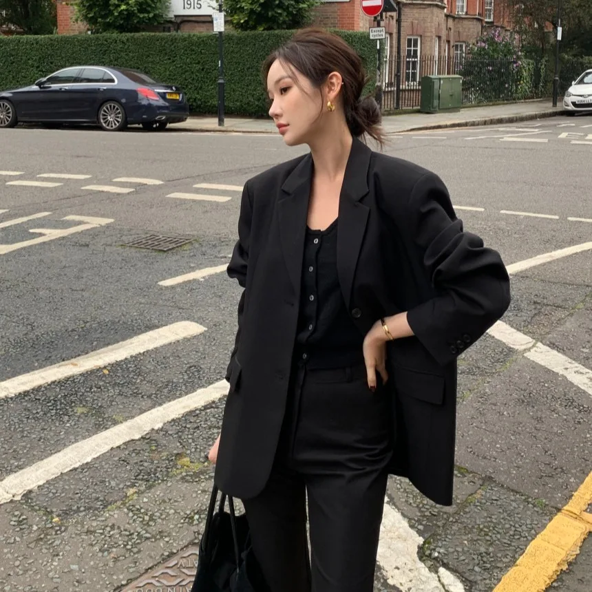 Retro Loose Casual Suit Jacket Autumn Winter New Style Simple Design Women's Polyester Fiber Long Sleeve Regular Length