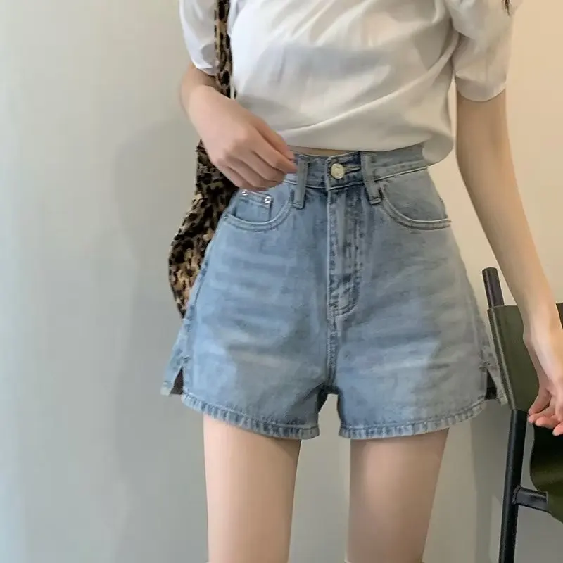 Verano cintura alta Denim orts mujer picante adelgazante versátil estudiante Color claro talla grande pantalones sueltos de pierna ancha A-Line Ho...