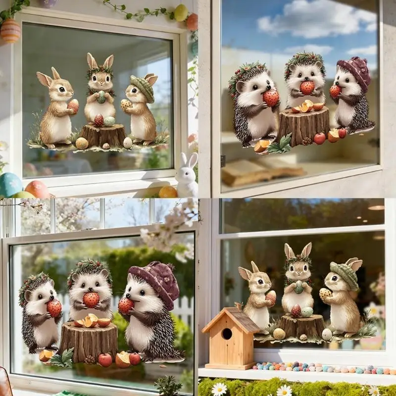 QX2E Easter Colorful Bunnies Hedgehogs Eggs Window Sticker Set Adhesive PVC Decal Clings For Home Office Mirror Glass Decors