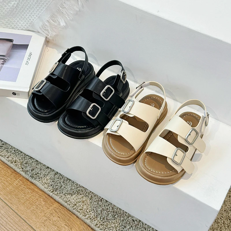 Children Retro Slippers Buckle Kids Summer Beach Shoes Simple Open-toe Classic Solid Color Boys Girls Casual Sandals 2024 New