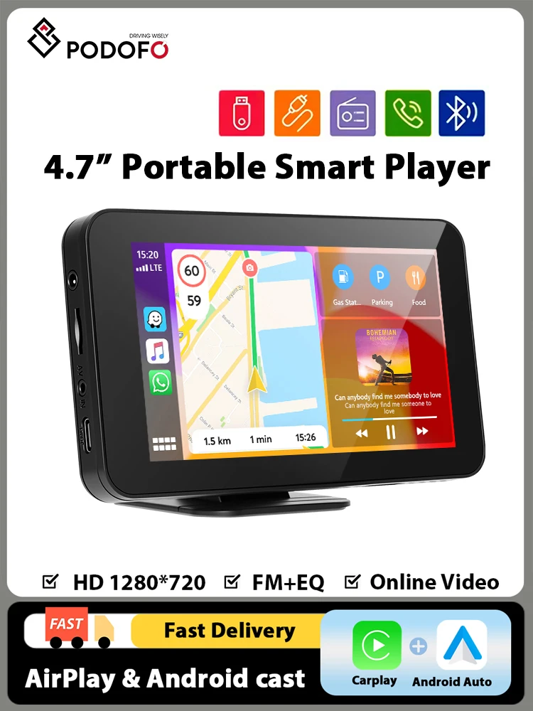 Podofo 4,7-Zoll-Carplay-Autoradio, tragbarer Smart Player, unterstützt Android Auto, Reifendruckkontrolle, GPS-Navigation mit Bluetooth-Musikfunktion.