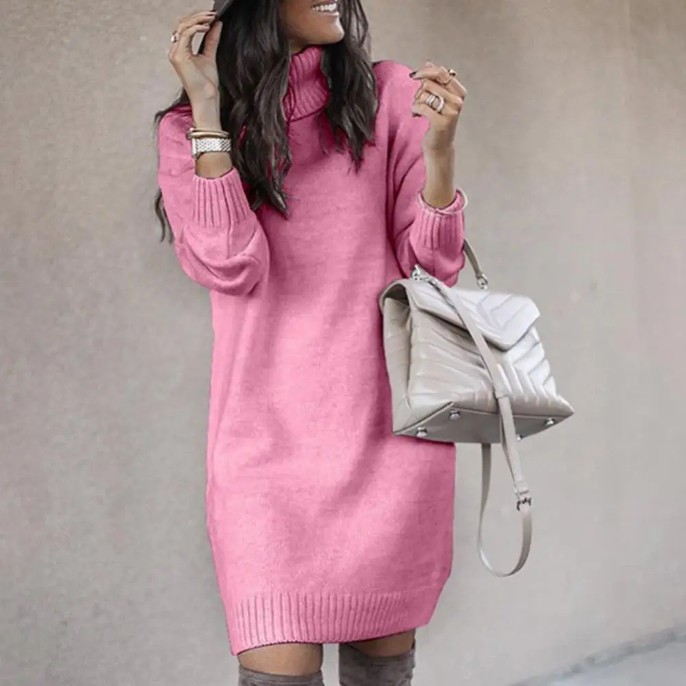 Winter Women Sweater Dress Solid Color High Collar Sun Dress Casual Knitted Tunic Dresses Cold Weather Clothes Vestido Feminino