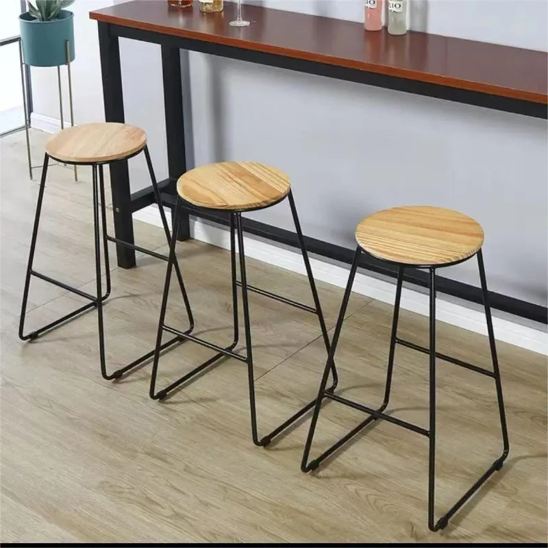 

Minimalist American High Bar Stool with Pine Wood Surface Modern Metal Iron Foot Solid Wood Seat Living Room Kitchen Bar Stools