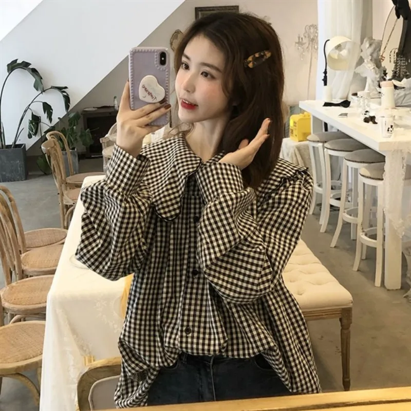 MiiiiX French Style Contrast Color Plaid Doll Collar Shirt Women's Blouse 2024 Autumn New Casual Sweet Shirt Loose Basics Top