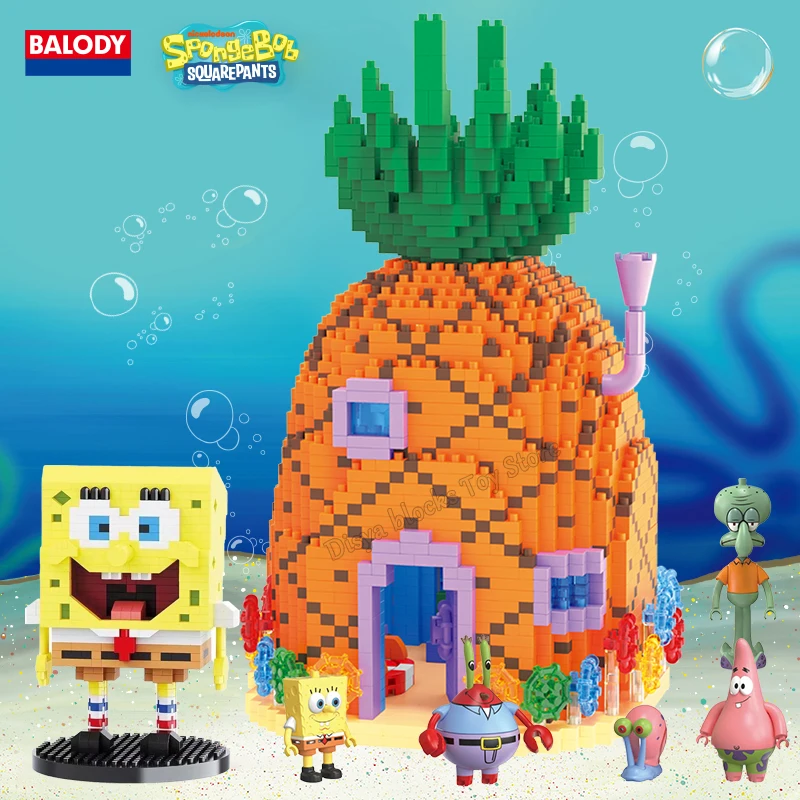 Casa de piña de Bob Esponja, Krusty Krab, restaurante, escenas de habitación de calamar, figura de bloques de construcción de Patrick Star, modelo, juguetes de Anime, regalo