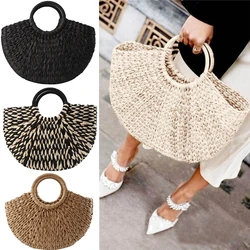 Women Handbag Rattan Wicker Straw Woven Half-round Bag Large Capacity Female Casual Travel Tote Fashion Bolsos