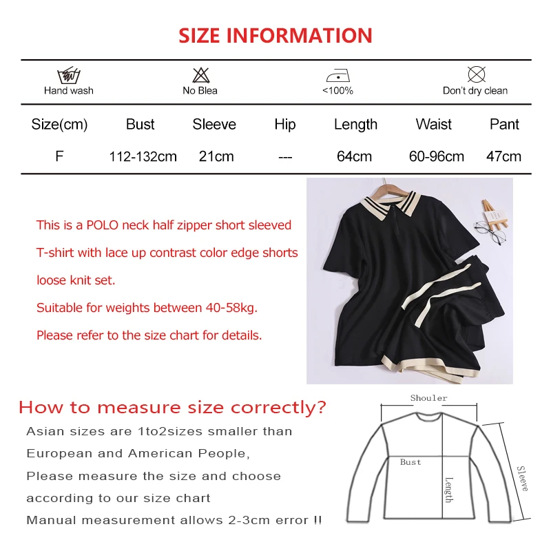 Summer New Women Casual POLO Neck Half Zipper Short Sleeved T-shirt Lace up Contrast Color Edge Shorts Loose Knit Two Piece Set