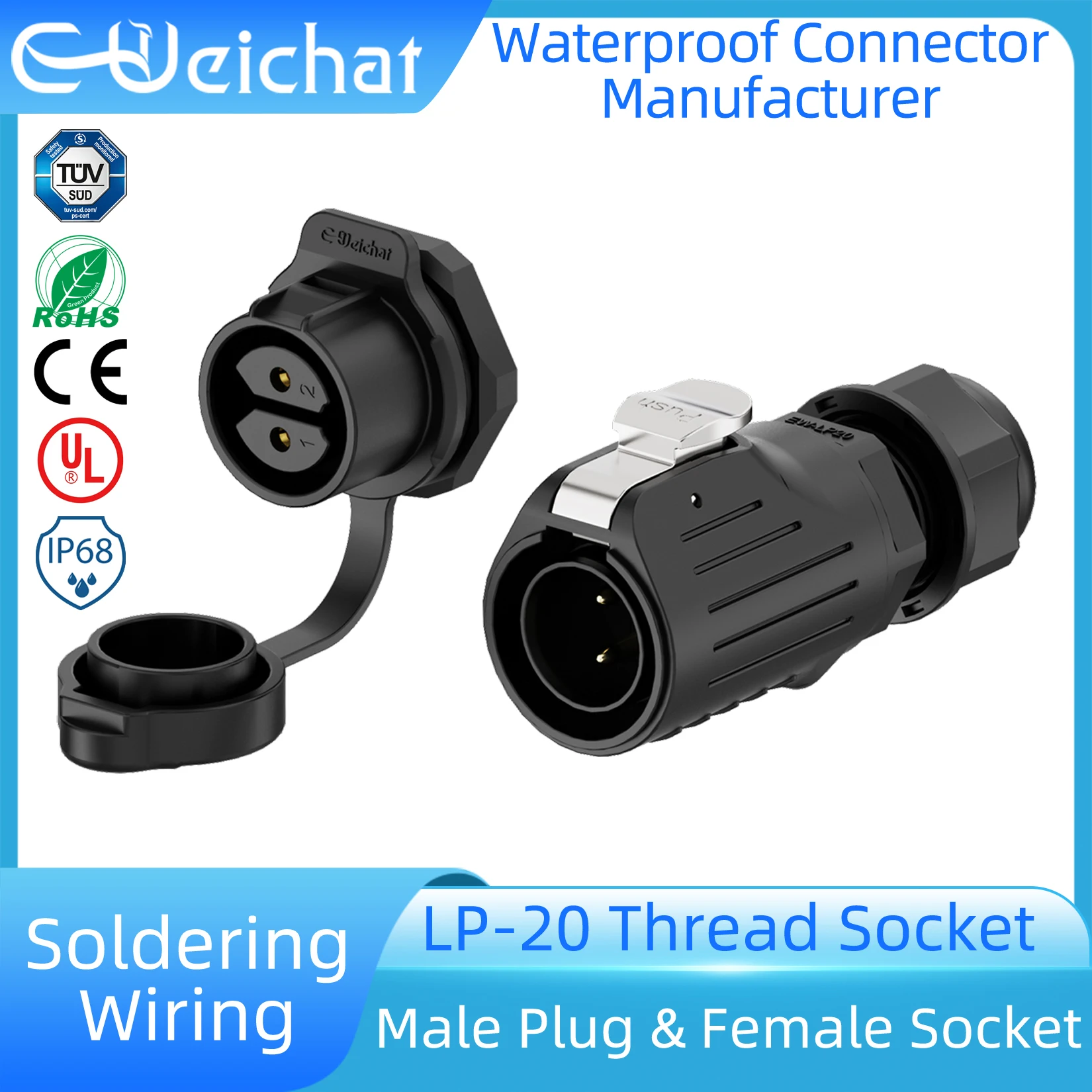 

LP20 IP68 Waterproof Connector Male Plug + Thread Socket Solder Wiring Aviation Industrial Connector 2-14 Pin PBT Plastic Shell