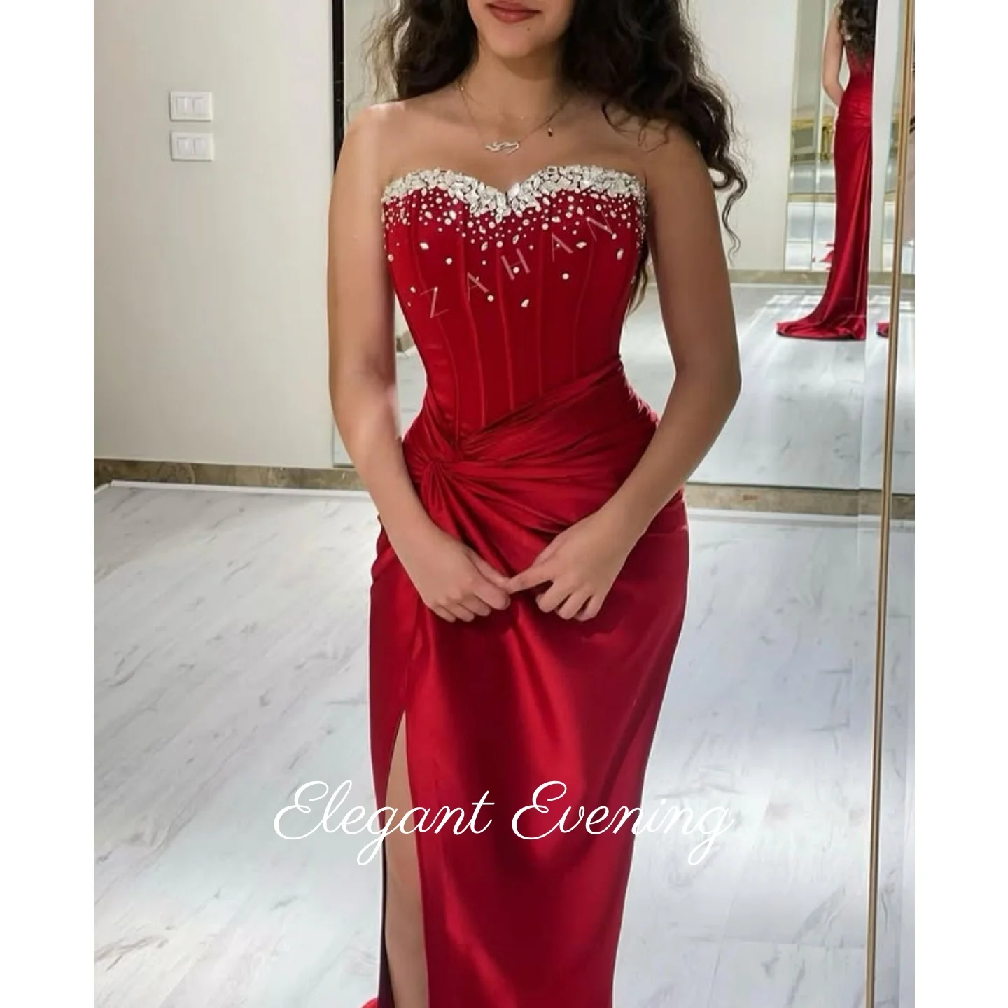 

Sweetheart Sequins Beadings Mermaid Evening Dress Red Stain Crystal Prom Dress Pleat Saudi Arabia Wedding Dress Customized 2026