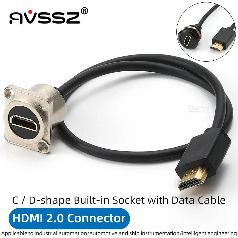 0.5-2m Metal HDMI2.0 Data Extension Cable Connector Female to Male Flush Mount Adapter Socket Wires, for Car Truck Moto Industry