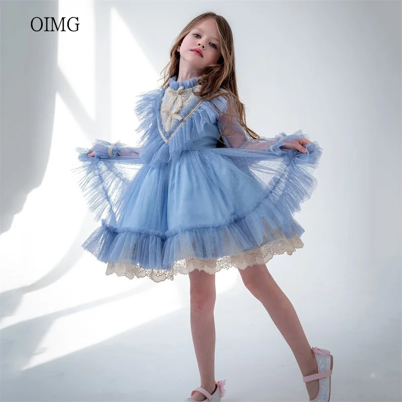 

OIMG Sweet Blue A Line Flower Girl Dresses Lace Trim Ruffled Wedding Party Dress Knee Length Birthday Dress niña Customized