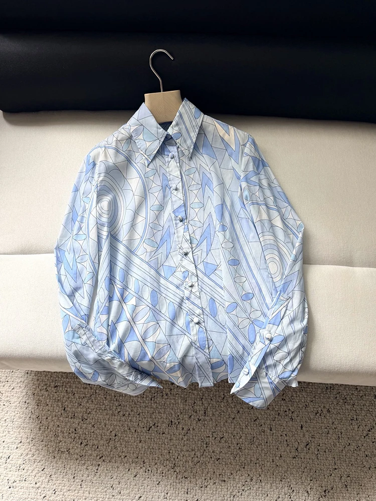 

Spring Summer Fashion Daily Casual Geometric Print Cotton Blouses Women's Turn-down Collar Single Breasted Long Sleeve Shirt