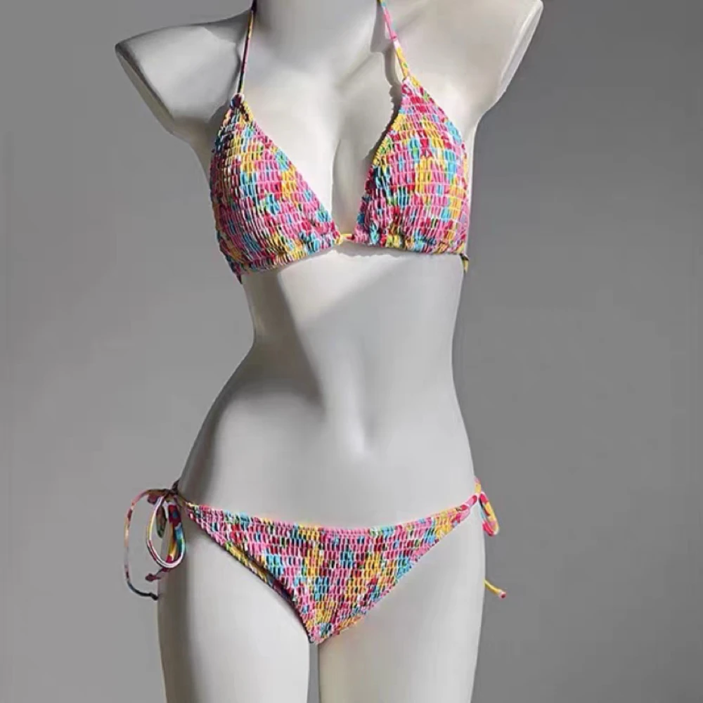 Summer Beach Ladies Two Piece Bikini Y2K Japanese Lolita Floral Ruffle Print Slim Sexy Daily Swimming Outfit For Women