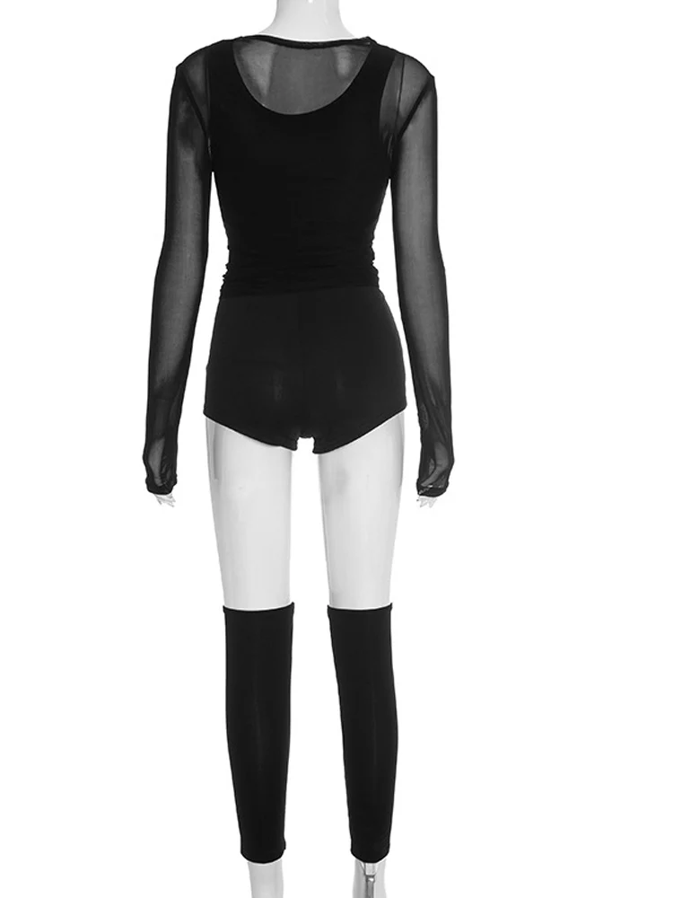 Beyprern المرأة عادية 3 قطعة بقماش شفاف قطعتين الزي المرأة طويلة الأكمام المحاصيل الأعلى + شورت + الفخذ العليا جوارب مجموعة