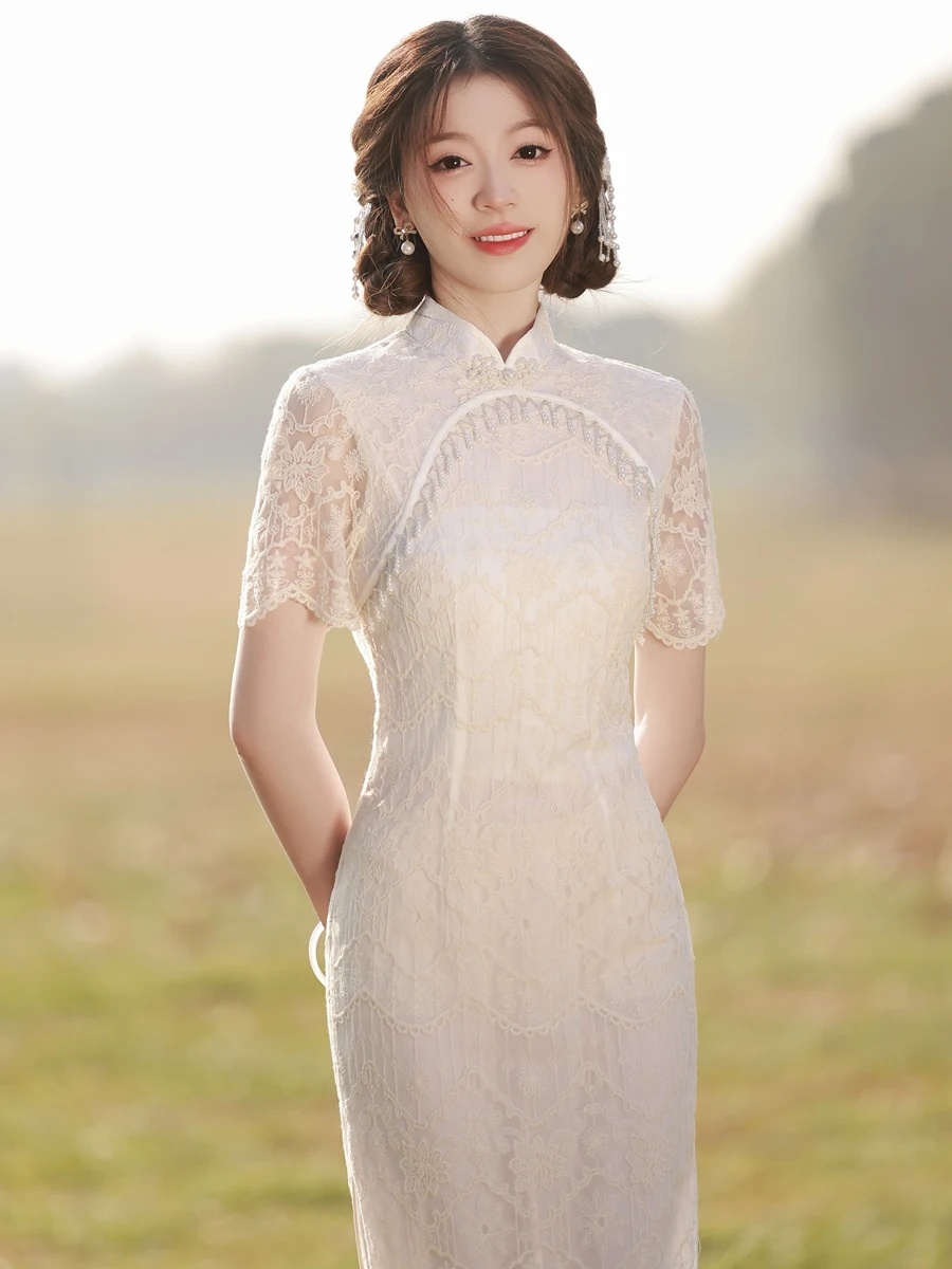 May Day Travel Gentle Young Chinese Girl's Water Soluble Lace Cheongsam Summer New Casual Clothes Dress