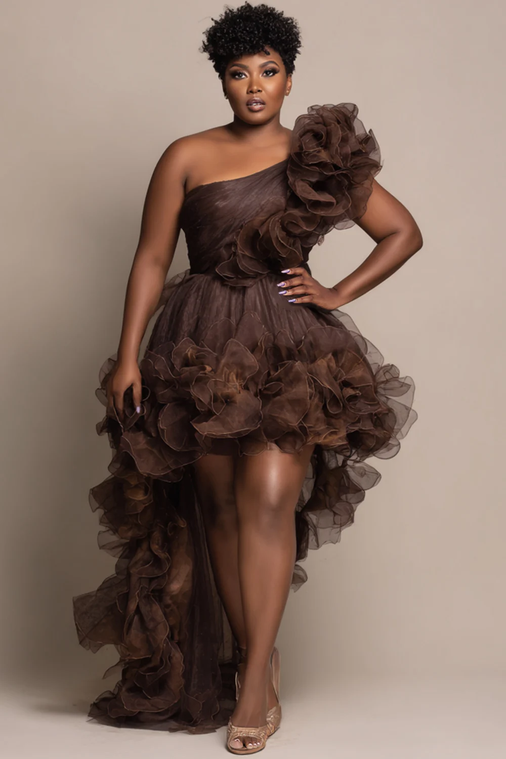 

Plus Size Party Brown Oblique Collar Ruffle Elegant Asymmetric Hem Tulle Mini Dresses