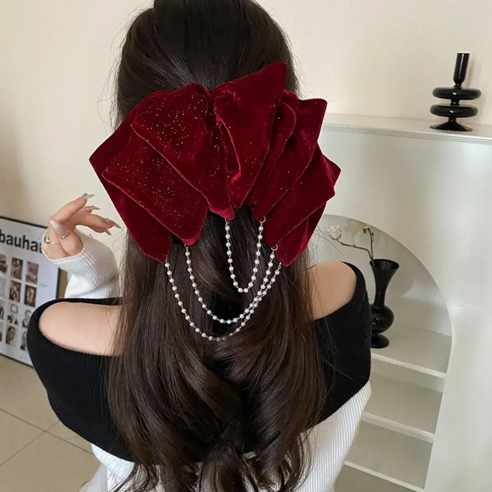 

Fine Shiny Velvet Bow Hair Clip Korean Vintage Elegant Cloth Tassels Bowknot Hairpins Spring Clip Women's Headwear Headdress