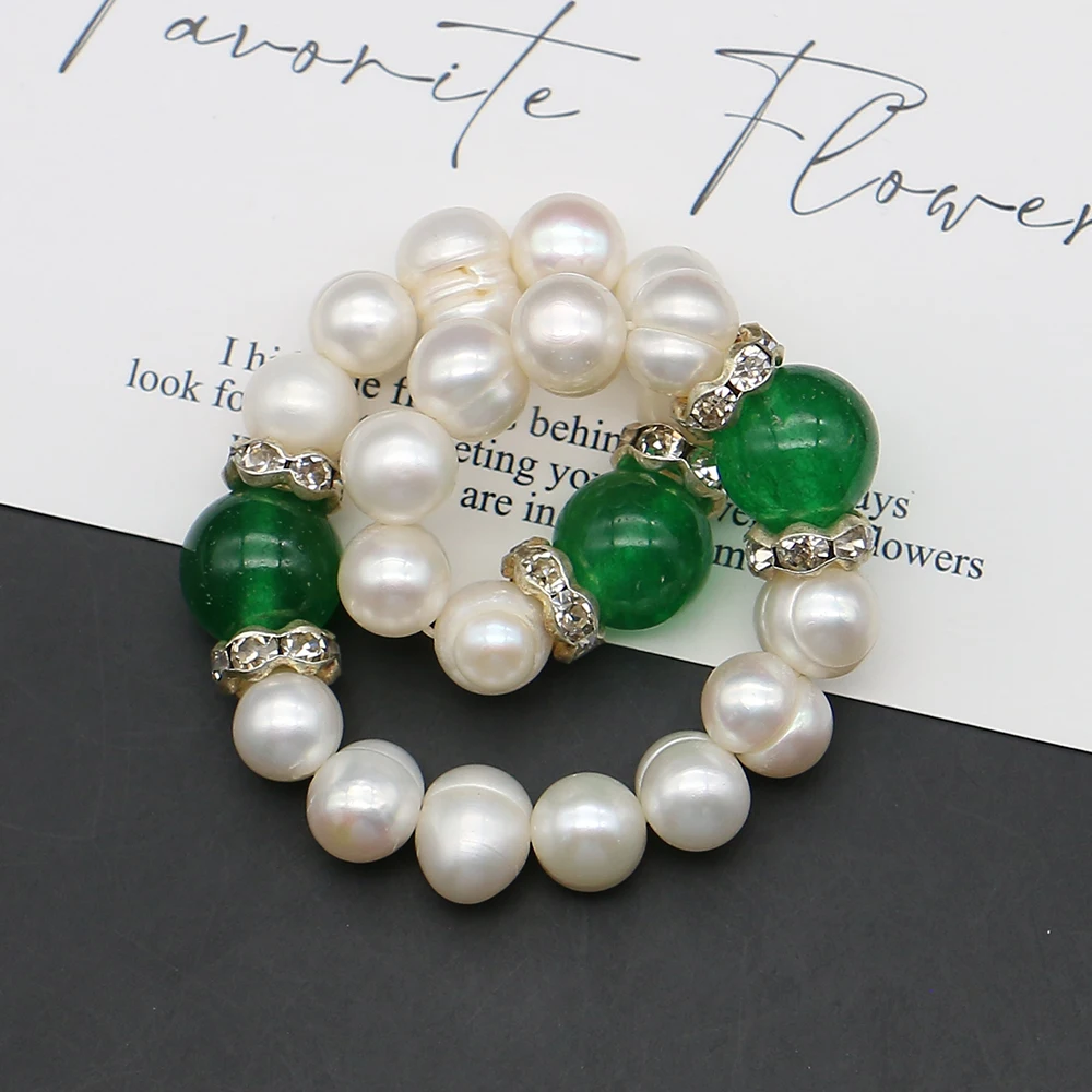 

Creative Natural Freshwater Screw Pearl And Malaysian Jade Straight Hole Beaded Bracelet 8-9mm Baroque Pearl Jewelry Accessory