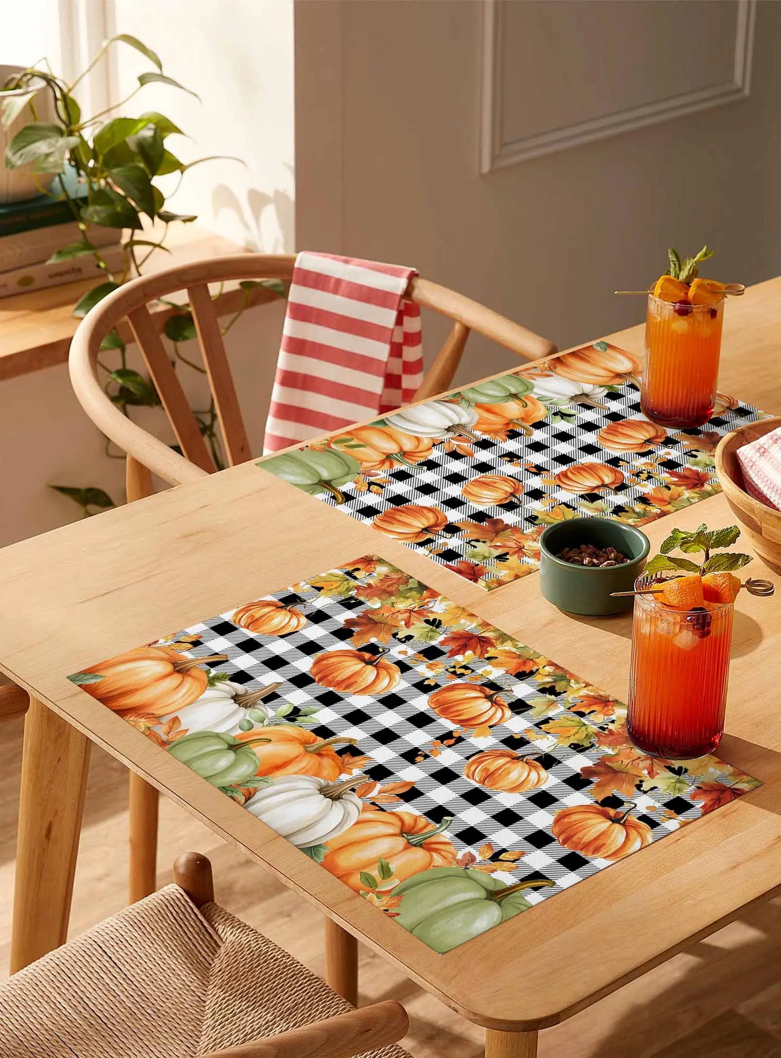 

4/6 Pcs Thanksgiving Pumpkin Black Plaid Placemat Wedding Party Dining Decor Linen Table Mat Kitchen Accessories