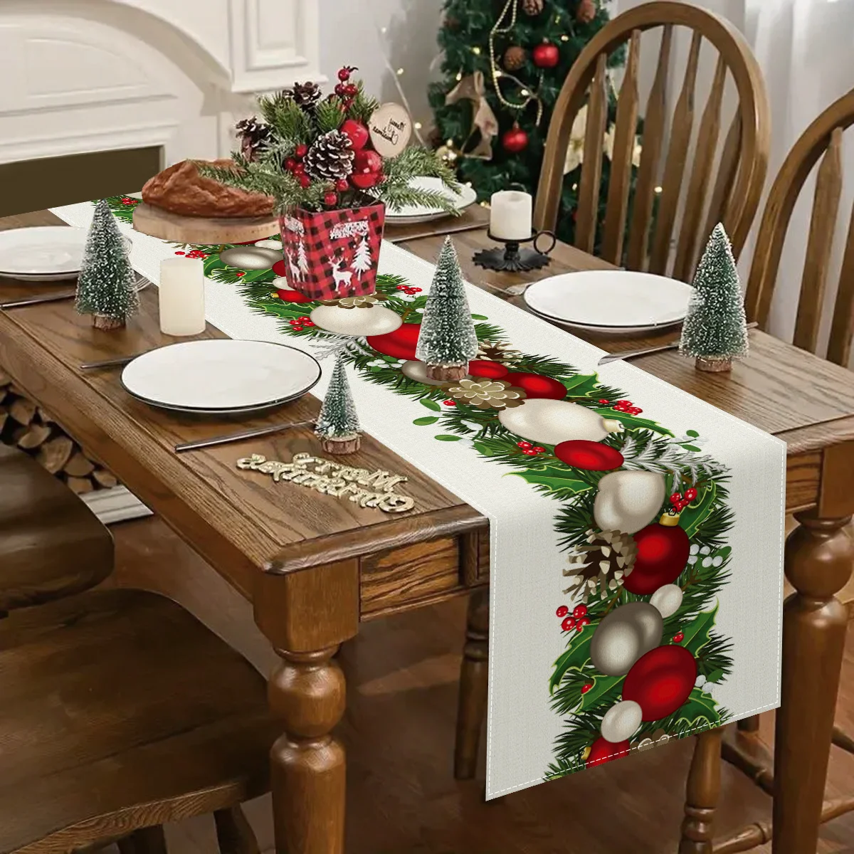 Christmas Pine Branches Balls Berries Table Runner Party Decor Washable Winter Kitchen Dining Table Runner Christmas Decorations