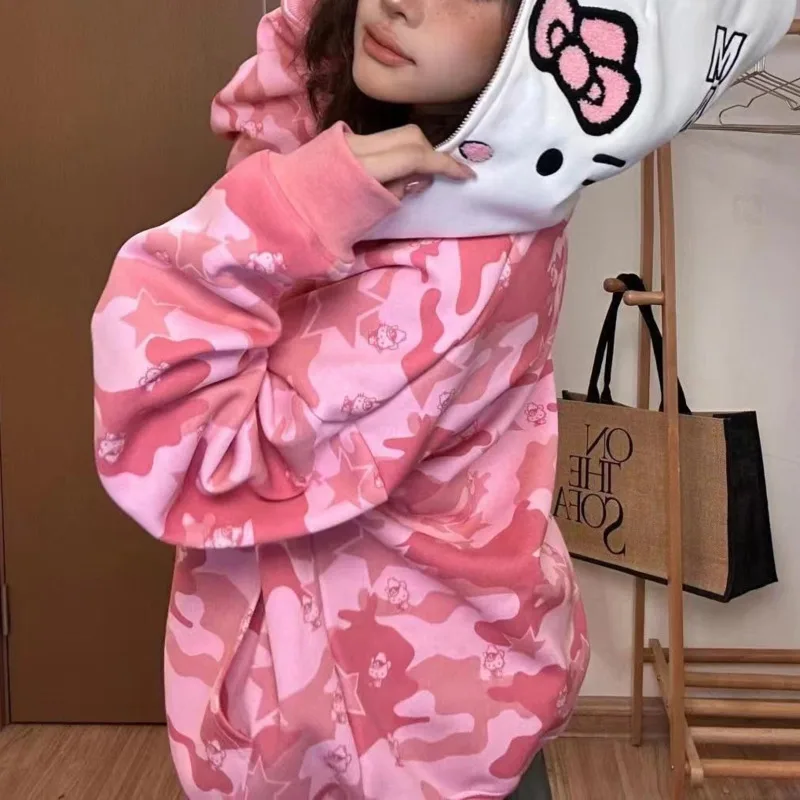 New Y2k Sanrio Hello Kitty Zip Up Hoodies Women Plush Cute American Oversize Embroidery Sweater Trendy Chic Cardigan Streetwear