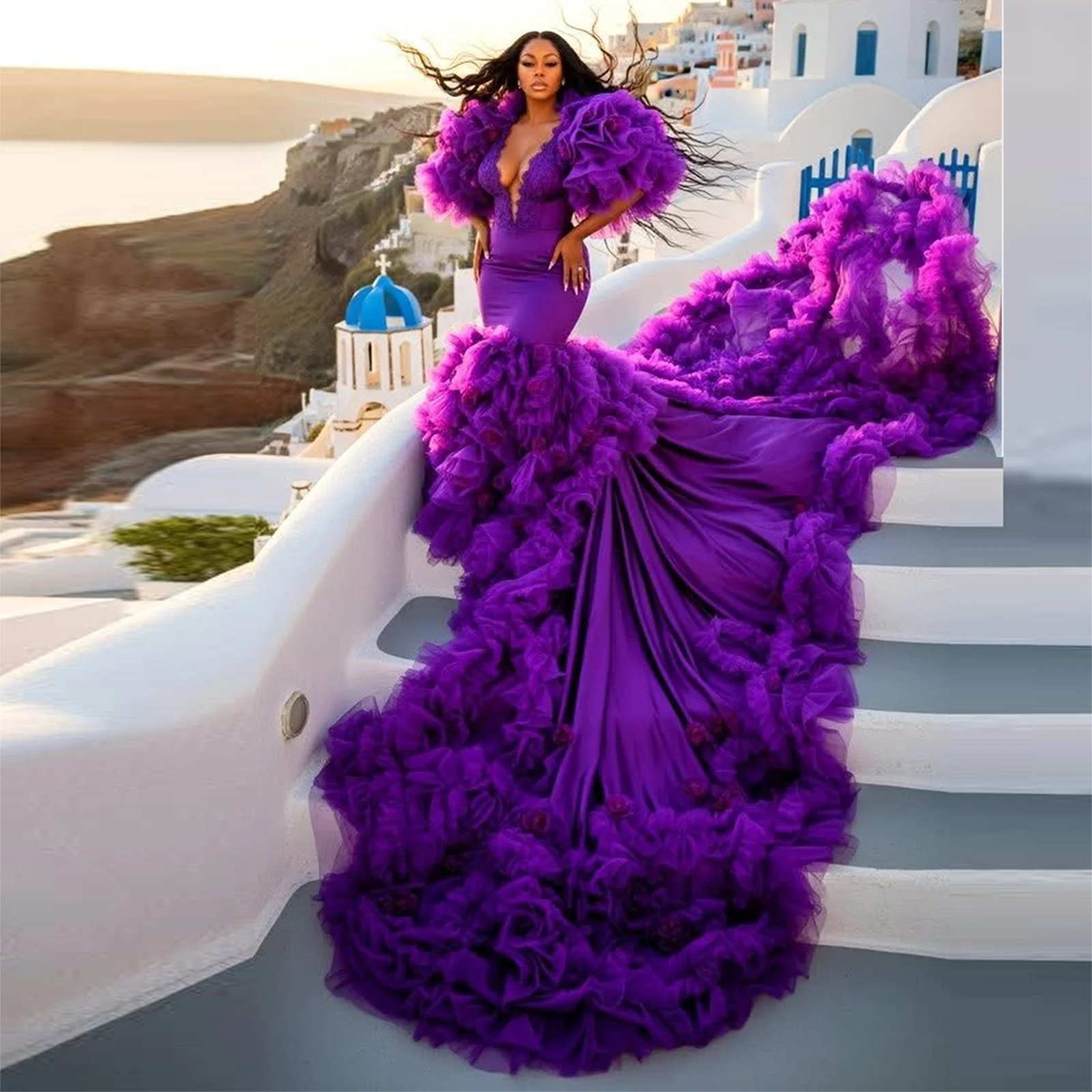 

Amazing Purple Mermaid Prom Dress With Ruffles Tulle Long Train Puffy Short Sleeves Aso Ebi Evening Gowns Women Party Dress